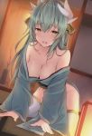  all_fours bangs bare_shoulders blurry blurry_background breasts brown_eyes cleavage collarbone commentary depth_of_field dragon_horns dutch_angle eyebrows_visible_through_hair fate/grand_order fate_(series) green_hair green_kimono hair_between_eyes headgear highres horns indoors japanese_clothes kimono kiyohime_(fate/grand_order) lantern large_breasts long_hair long_sleeves looking_at_viewer obi off_shoulder open_mouth paper_lantern pelvic_curtain round_teeth sash sleeves_past_wrists solo teeth thighhighs upper_teeth very_long_hair white_legwear wide_sleeves yuzuzukushi 