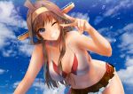  ahoge alternate_costume bangs bare_shoulders bikini bikini_skirt blue_sky blush breasts brown_hair cleavage cloud collarbone commentary_request day double_bun eyebrows_visible_through_hair hairband headgear hip_vent hips kantai_collection kongou_(kantai_collection) konkito leaning_forward long_hair looking_at_viewer navel one_eye_closed outdoors purple_eyes remodel_(kantai_collection) side-tie_bikini sidelocks sky smile solo splashing stomach swimsuit thighs v water_drop wet 