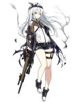  1girl bandaid bandaid_on_face belt blue_eyes full_body girls_frontline gloves gun hairband jacket long_hair looking_at_viewer official_art open_mouth shorts silver_hair solo standing thighs tongue torn_clothes trigger_discipline weapon white_background xm3_(girls_frontline) 