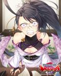 1girl ahoge angry bibyo black_hair breasts bridal_gauntlets clenched_teeth company_name copyright_name cracked floral_print flower glasses indoors japanese_clothes kimono logo official_art ponytail purple_eyes sengoku_bushouki_muramasa small_breasts solo standing table tatami teeth 