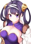  ahoge azur_lane bangs blush breasts china_dress chinese_clothes cleavage cleavage_cutout closed_mouth commentary_request dress eyebrows_visible_through_hair fur-trimmed_jacket fur_trim hair_intakes hair_rings hairband hairpods hidaka0503 jacket large_breasts long_hair looking_at_viewer ning_hai_(azur_lane) open_clothes open_jacket purple_dress purple_eyes purple_hair sidelocks simple_background smile solo v-shaped_eyebrows white_background white_hairband white_jacket 
