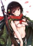  bangs black_hair blush breast_hold breasts closed_mouth collarbone commentary_request covering covering_breasts eyebrows_visible_through_hair girls_frontline gun hair_ornament highres holding long_hair looking_at_viewer mappaninatta md5_mismatch medium_breasts navel panties parted_lips red_eyes red_scarf scarf school_uniform serafuku shirt sidelocks solo submachine_gun torn torn_clothes torn_scarf torn_shirt type_100 type_100_(girls_frontline) underwear weapon white_panties 