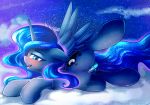  2018 chaosangeldesu cloud cutie_mark equine feathered_wings feathers female feral friendship_is_magic hair hi_res horn looking_at_viewer mammal my_little_pony on_cloud open_mouth outside penetration princess_luna_(mlp) pussy sex_toy solo winged_unicorn wings 