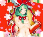  1girl between_breasts bow breasts cherry_blossoms closed_mouth commentary_request frills front_ponytail green_eyes green_hair hair_between_breasts hair_bow hands_up huge_bow kagiyama_hina long_hair medium_breasts navel nipples nude ribs sidelocks sinzan smile solo stomach touhou upper_body 
