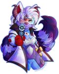  2019 absol anthro armor breasts clothed clothing digital_media_(artwork) female fur gun handgun holding_object holding_weapon horn hybrid iroxykun mammal melee_weapon nintendo pok&eacute;mon pok&eacute;mon_(species) purple_fur ranged_weapon reticle solo standing sword video_games visor weapon zangoose 