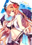  :p blue_sky breasts cleavage cloud commentary_request curled_horns dark_angel_olivia day flower food granblue_fantasy hair_flower hair_ornament highres homaderi horns long_hair looking_at_viewer medium_breasts navel orange_hair popsicle red_eyes sky solo sparkle swimsuit tongue tongue_out wings 