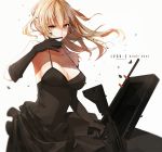  ar-15 artist_name bangs bare_shoulders biting black_dress black_gloves blonde_hair breasts brown_eyes character_name chinese_commentary chinese_robot_kid cleavage collarbone commentary_request dress elbow_gloves floating_hair girls_frontline glove_biting gloves gun halterneck head_tilt highres holding holding_weapon large_breasts light_particles looking_at_viewer lvoa-c original revision rifle shaded_face sidelocks simple_background solo trigger_discipline upper_body weapon weapon_case white_background wind wind_lift 