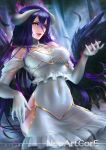 albedo artist_name bare_shoulders breasts covered_navel elbow_gloves fangs feathers gloves hips horn lips long_hair looking_at_viewer nudtawut_thongmai overlord_(maruyama) purple_hair signature smile solo thighs very_long_hair white_background wings 