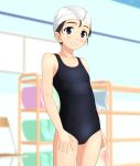  arm_at_side black_eyes black_hair black_swimsuit blurry blush chair cowboy_shot depth_of_field flat_chest folding_chair grin hand_on_own_thigh highres indoors kickboard looking_at_viewer new_school_swimsuit one-piece_swimsuit original school_swimsuit shelf short_hair smile solo standing swim_cap swimsuit takafumi window 