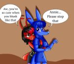  2018 aardvark ant anthro arthropod black_hair blue_eyes blue_fur blue_hair blush breasts brown_eyes clothed clothing comic dialogue digital_drawing_(artwork) digital_media_(artwork) duo embarrassed english_text fan_character female fur goth hair hug insect kendratheshinyeevee mammal punk red_hair shy smile text the_ant_and_the_aardvark 