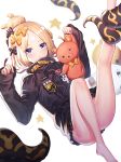  :3 abigail_williams_(fate/grand_order) bangs bare_legs barefoot black_bow black_jacket blonde_hair blue_eyes blush bow closed_mouth commentary_request crossed_bandaids eyebrows_visible_through_hair fate/grand_order fate_(series) hair_bow hair_bun hands_up heroic_spirit_traveling_outfit highres holding holding_stuffed_animal jacket leg_up long_hair long_sleeves looking_at_viewer medjed orange_bow parted_bangs polka_dot polka_dot_bow ririko_(zhuoyandesailaer) simple_background sleeves_past_wrists solo star stuffed_animal stuffed_toy teddy_bear tentacles 