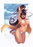  bead_necklace beads bikini bikini_top breasts cleavage cloud cloudy_sky collarbone commentary_request day earrings fate/grand_order fate_(series) hair_between_eyes hat headpiece hoop_earrings jewelry jumping large_breasts md5_mismatch navel necklace open_mouth outdoors purple_eyes sandals sky sleeveless sungwon swimsuit white_bikini xuanzang_(fate/grand_order) 