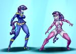  2018 abs anthro anthrofied blue_eyes breasts clothed clothing cosplay costume dc_comics digital_media_(artwork) duo equine eye_contact female friendship_is_magic green_lantern_(series) hair horn mammal mask my_little_pony pia-sama power_ponies_(mlp) purple_hair radiance_(mlp) rarity_(mlp) skimpy skinsuit square_crossover star_sapphire tight_clothing unicorn 