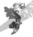  asymmetrical_clothes biceps boots cape commentary falchion_(fire_emblem) fire_emblem fire_emblem:_kakusei full_body glowing greyscale krazehkai krom male_focus monochrome short_hair smash_ball solo super_smash_bros. super_smash_bros._ultimate torn_clothes white_background 