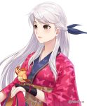  absurdres animal_print azto_dio bangle bird black_gloves bracelet butterfly_print commentary english_commentary fingerless_gloves fire_emblem fire_emblem:_akatsuki_no_megami fire_emblem_heroes gloves hair_ribbon half_updo highres japanese_clothes jewelry kimono long_hair looking_to_the_side micaiah obi ribbon sash silver_hair solo twitter_username upper_body yellow_eyes yukata yune 