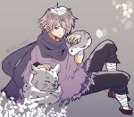  animal bandages bracelet cloak gloves hair_over_one_eye highres jewelry kiriya_(552260) linde_(octopath_traveler) male_focus octopath_traveler scarf short_hair simple_background smile snow_leopard therion_(octopath_traveler) 