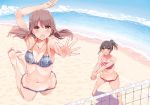  absurdres barefoot beach beach_volleyball bikini black_hair breasts brown_eyes brown_hair cleavage day harukana_receive higa_kanata highres horizon jumping low_twintails medium_breasts multiple_girls navel nyoijizai ocean official_art oozora_haruka_(harukana_receive) open_mouth plaid plaid_bikini polka_dot polka_dot_bikini ponytail sand soles swimsuit twintails volleyball_net 