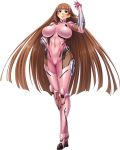  aoi_nagisa_(metalder) arm_guards armor bangs blue_eyes bodysuit breasts brown_hair covered_navel fishnets full_body gloves hand_on_hip hand_up high_heels highres impossible_bodysuit impossible_clothes koukawa_asuka large_breasts lilith-soft long_hair looking_at_viewer official_art parted_lips pink_bodysuit shiny shiny_clothes shiny_hair shiny_skin skin_tight smile solo standing taimanin_(series) taimanin_asagi thighhighs transparent_background very_long_hair 