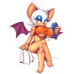  anthro barefoot bat bat_wings big_breasts booty_shorts breasts clothing eyelashes eyeshadow female lipstick makeup mammal membranous_wings midriff rouge_the_bat shirt solo sonic_(series) squidapple tank_top teal_eyes towel under_boob water_bottle wings 