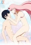  1girl ass bangs black_hair blue_eyes blue_horns blue_sky blurry blurry_background breasts cherry_blossoms commentary couple darling_in_the_franxx day eyebrows_visible_through_hair face-to-face facing_another floating_hair green_eyes hand_on_another's_face hands_on_another's_face hetero hiro_(darling_in_the_franxx) horns long_hair looking_at_another medium_breasts navel no_nipples nude oni_horns petals pink_hair red_horns signature sky souqran stomach zero_two_(darling_in_the_franxx) 