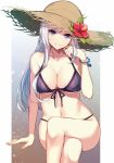 alternate_costume aosaki_yukina arm_support azur_lane bangle bangs belfast_(azur_lane) bikini blue_eyes blush bracelet breasts cleavage collarbone commentary_request crossed_legs eyebrows_visible_through_hair flower front-tie_bikini front-tie_top hand_on_own_head hat hat_flower head_tilt jewelry large_breasts long_hair looking_at_viewer navel parted_lips purple_bikini red_flower sidelocks silver_hair sitting smile solo stomach straw_hat sun_hat swimsuit thighs 