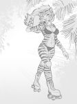  anthro bikini breasts cleavage clothed clothing elbow_pads eyewear feline female greyscale hair jonas knee_pads mammal monochrome rollerskates solo sunglasses swimsuit tiger tree 