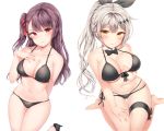  absurdres arm_behind_back bangs bare_shoulders barefoot bikini black_bikini black_footwear blush bow bowtie breasts cleavage closed_mouth collarbone commentary eyebrows_visible_through_hair five-seven_(girls_frontline) front-tie_bikini front-tie_top girls_frontline hair_ribbon half_updo hand_on_own_breast high_heels highres large_breasts leg_up long_hair looking_at_viewer multi-strapped_bikini multiple_girls navel one_side_up painteen ponytail purple_hair red_eyes red_ribbon ribbon side-tie_bikini sidelocks silver_hair simple_background sitting stomach swimsuit thigh_ribbon very_long_hair wa2000_(girls_frontline) wariza white_background yellow_eyes 