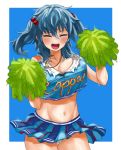  bare_shoulders blue_background blue_hair blue_skirt blue_tank_top blush breasts cheerleader closed_eyes collarbone commentary_request frilled_shirt frills hair_between_eyes hair_bobbles hair_ornament highres huge_breasts jewelry kawashiro_nitori key navel necklace okbnkn open_mouth panties pleated_skirt pom_poms round_teeth shirt simple_background skirt tank_top teeth text_focus thighs touhou two_side_up underwear waving_arms white_panties 
