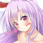  animal_ears bangs bare_shoulders blue_background blush breasts bunny_ears close-up collarbone commentary_request eyebrows_visible_through_hair head_tilt light_particles long_hair looking_at_viewer portrait purple_hair red_eyes reisen_udongein_inaba smile solo tirotata touhou translation_request two-tone_background white_background 