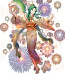  bangs elincia_ridell_crimea fan fire_emblem fire_emblem:_akatsuki_no_megami fire_emblem_heroes fireworks floral_print full_body green_hair hair_ornament highres holding holding_fan japanese_clothes kimono long_hair looking_away mayachise non-web_source obi official_art open_mouth sandals sash shiny shiny_hair sidelocks smile solo sparkle transparent_background wide_sleeves yellow_eyes yukata 