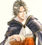  black_hair book cape cyrus_(octopath_traveler) e_f_regan826 jewelry male_focus necklace octopath_traveler ponytail short_hair simple_background smile solo yellow_eyes 