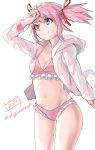  bikini breasts cleavage frilled_bikini frills highres kaname_madoka mahou_shoujo_madoka_magica medium_breasts navel pink_bikini pink_eyes pink_hair red_ribbon ribbon shignonpencil short_hair sidelocks simple_background swimsuit twintails twitter_username 