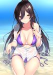  bangs bikini black_hair blush breasts cleavage collarbone commentary_request dress_shirt eyebrows_visible_through_hair hair_between_eyes highres hips idolmaster idolmaster_shiny_colors large_breasts long_hair looking_at_viewer nebusoku ocean off_shoulder open_clothes open_shirt ponytail seiza shirase_sakuya shirt sitting solo swimsuit thighs wet wet_clothes white_shirt yellow_eyes 