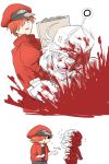  1girl ae-3803 ahoge black_eyes blood bloody_clothes cabbie_hat flying_sweatdrops gloves grey_eyes habakani hair_over_one_eye hat hataraku_saibou jacket looking_at_another package red_blood_cell_(hataraku_saibou) red_gloves red_hair red_jacket role_reversal smile u-1146 uniform white_blood_cell_(hataraku_saibou) white_hair 