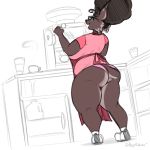  anthro apron bagelcollector beverage butt clothed clothing coffee eyewear feline female glasses hi_res lynx mammal open_mouth slightly_chubby smile solo standing thick_thighs 