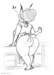  anthro apron bagelcollector butt clothed clothing feline female greyscale hair inside lynx mammal mature_female monochrome rear_view sketch slightly_chubby solo standing thick_thighs 