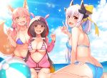  :d ;d animal_ears ass ball beach benitsuki_tsubasa bikini black_hair blue_bikini blush breasts cloud collarbone day dragon_horns fang fate/grand_order fate_(series) fox_ears fox_shadow_puppet fox_tail frilled_bikini frills front-tie_top hair_bobbles hair_ornament hair_ribbon highres hood horns kiyohime_(fate/grand_order) kiyohime_(swimsuit_lancer)_(fate) large_breasts long_hair looking_at_viewer low_twintails multiple_girls navel one_eye_closed open_mouth osakabe-hime_(fate/grand_order) ponytail red_eyes ribbon side-tie_bikini silver_hair sitting sky smile sparkle striped striped_bikini swimsuit tail tamamo_(fate)_(all) tamamo_no_mae_(swimsuit_lancer)_(fate) twintails wariza yellow_eyes 