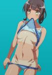  ass_visible_through_thighs blush breasts brown_eyes brown_hair commentary_request dutch_angle groin harukana_receive higa_kanata medium_breasts mouth_hold navel rikku04 self_exposure short_hair swimsuit_lift swimsuit_pull tan tanline 