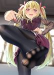  1girl blonde_hair blush feet gurande_(g-size) hair_ribbon hand_on_hip leg_up long_hair looking_at_viewer open_mouth pantyhose pink_eyes pointing pov pov_feet ribbon soles toes twintails 