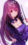  bangs breasts dress fate/grand_order fate_(series) fur_trim hair_between_eyes highres kujou_ichiso large_breasts long_hair looking_at_viewer purple_hair red_eyes scathach_(fate)_(all) scathach_skadi_(fate/grand_order) smile solo tiara upper_body wand 