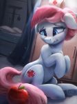  + 2018 apple bed blue_eyes cabinet curtains cute cutie_mark detailed_background doctor&#039;s_office earth_pony equine eyebrows eyelashes female feral floppy_ears food friendship_is_magic fruit hair hair_bun hat hi_res hooves horse hospital inside looking_down mammal my_little_pony nude nurse nurse_hat nurse_redheart_(mlp) pillow pink_hair pony portrait scared shadow sitting solo teeth vanillaghosties 