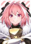  astolfo_(fate) bangs blush cape close-up closed_mouth crossed_arms fang fate/grand_order fate_(series) fur_trim gauntlets gloves hair_between_eyes hair_intakes hair_ribbon highres looking_at_viewer male_focus pink_hair purple_eyes ribbon short_hair smile solo striped striped_background takatun223 white_cape 