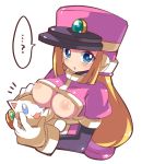  :3 ? animal blonde_hair blue_eyes blush blush_stickers breasts cyber_elf erect_nipples framed_breasts gloves hat holding holding_animal long_hair looking_at_viewer nipples open_mouth pink_hat prairie rockman rockman_zx third-party_edit white_gloves 
