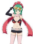  arm_behind_back bare_shoulders belt bikini_top black_gloves black_shorts breasts cato_(monocatienus) commentary cosplay elbow_gloves fingerless_gloves frilled_ribbon frills gloves green_eyes green_hair hair_ornament hair_ribbon hand_up kagiyama_hina looking_at_viewer medium_breasts navel ribbon scarf short_shorts shorts simple_background smile solo stomach tengen_toppa_gurren_lagann thighhighs touhou visor white_background yoko_littner yoko_littner_(cosplay) 