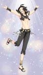  alternate_costume anklet arabian_clothes armlet bracelet circlet cyrus_(octopath_traveler) dancer dancing highres jewelry long_hair looking_at_viewer male_focus medium_hair midriff navel necklace octopath_traveler open_mouth shikimiorange simple_background smile solo 