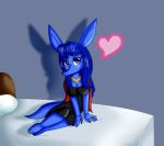  2018 aardvark alternate_universe anthro bed blue_eyes blue_fur blue_hair breasts cape clothed clothing digital_drawing_(artwork) digital_media_(artwork) dress eyeshadow fan_character fangs female fur hair half-closed_eyes kendratheshinyeevee looking_at_viewer makeup mammal seductive smile solo the_ant_and_the_aardvark vampire 