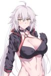  ahoge bikini_top breasts cleavage closed_mouth collarbone commentary_request cowboy_shot eyebrows_visible_through_hair fate/grand_order fate_(series) jacket jeanne_d'arc_(alter_swimsuit_berserker) jeanne_d'arc_(fate)_(all) large_breasts long_hair matsunaga_garana navel shrug_(clothing) silver_hair swimsuit white_background yellow_eyes 