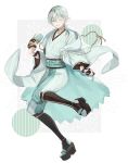  abandon_ranka alternate_color black_gloves food gloves grin highres hood ice_cream ice_cream_cone japanese_clothes male_focus one_eye_closed partly_fingerless_gloves pom_pom_(clothes) smile solo standing standing_on_one_leg touken_ranbu tsurumaru_kuninaga white_hair yellow_eyes 