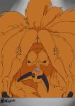  2018 bent_over black_nipples blacklite breasts canine crossgender female hi_res kurama looking_through_legs mammal multi_tail naruto nipples presenting pussy red_eyes signature solo standing teeth tongue tongue_out video_games 
