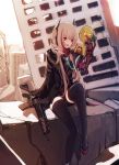  :d arm_up artist_name assault_rifle asymmetrical_sleeves bangs black_gloves black_jacket black_legwear black_shorts building commentary day dyolf elbow_gloves english_commentary eyebrows_visible_through_hair girls_frontline gloves gun hair_between_eyes headgear holding holding_gun holding_weapon jacket light_brown_hair long_hair long_sleeves looking_away looking_to_the_side m4_carbine m4_sopmod_ii m4_sopmod_ii_(girls_frontline) megaphone mod3_(girls_frontline) open_mouth outdoors red_eyes rifle ro635_(dinergate) ruins short_shorts shorts sitting sleeves_past_wrists smile solo spoilers thighhighs very_long_hair weapon 